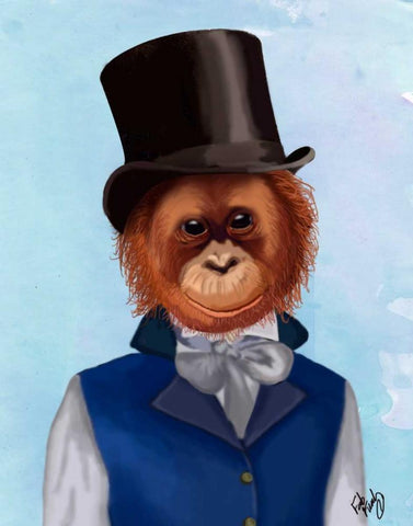 Orangutan in Top Hat White Modern Wood Framed Art Print with Double Matting by Fab Funky