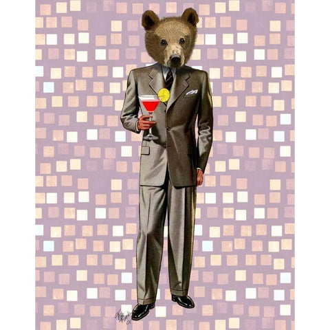 Bear With Cocktail Gold Ornate Wood Framed Art Print with Double Matting by Fab Funky