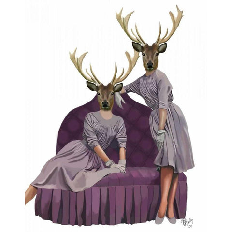 Deer Twins in Purple Dresses Black Modern Wood Framed Art Print with Double Matting by Fab Funky