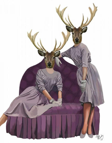 Deer Twins in Purple Dresses White Modern Wood Framed Art Print with Double Matting by Fab Funky