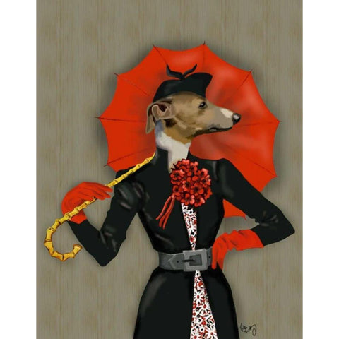 Elegant Greyhound and Red Umbrella White Modern Wood Framed Art Print by Fab Funky