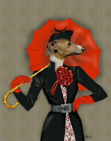 Elegant Greyhound and Red Umbrella White Modern Wood Framed Art Print with Double Matting by Fab Funky