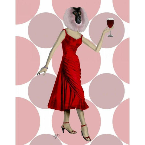 Monkey in Red Dress with wine White Modern Wood Framed Art Print by Fab Funky