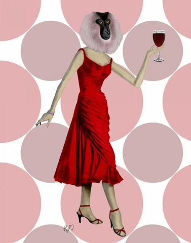 Monkey in Red Dress with wine White Modern Wood Framed Art Print with Double Matting by Fab Funky