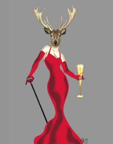 Glamour Deer in Red White Modern Wood Framed Art Print with Double Matting by Fab Funky