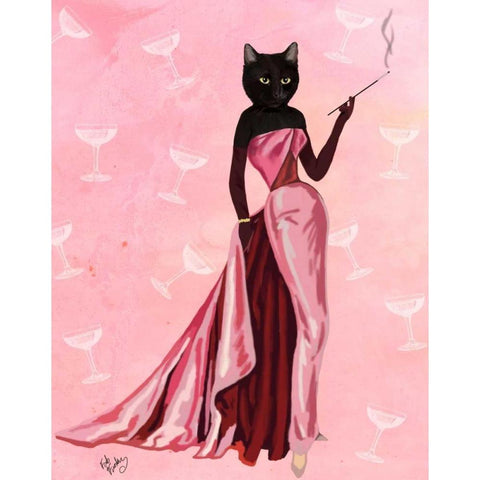 Glamour Cat in Pink White Modern Wood Framed Art Print by Fab Funky