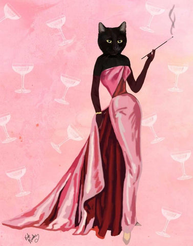 Glamour Cat in Pink Black Ornate Wood Framed Art Print with Double Matting by Fab Funky