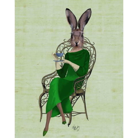 Lady Bella Rabbit Taking Tea White Modern Wood Framed Art Print by Fab Funky