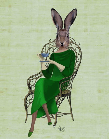 Lady Bella Rabbit Taking Tea Black Ornate Wood Framed Art Print with Double Matting by Fab Funky