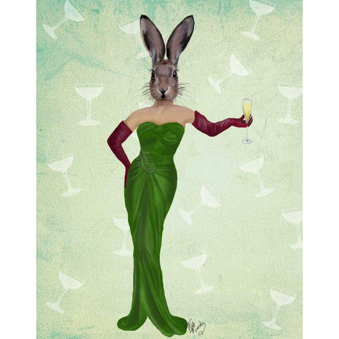 Rabbit Green Dress Gold Ornate Wood Framed Art Print with Double Matting by Fab Funky