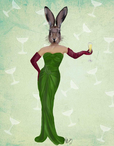 Rabbit Green Dress White Modern Wood Framed Art Print with Double Matting by Fab Funky