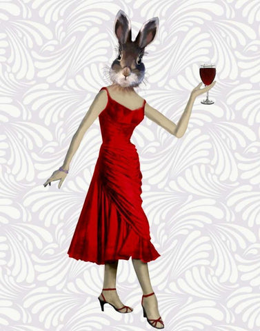 Rabbit in Red Dress White Modern Wood Framed Art Print with Double Matting by Fab Funky