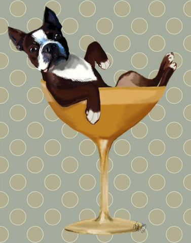 Boston Terrier in Cocktail Glass White Modern Wood Framed Art Print with Double Matting by Fab Funky