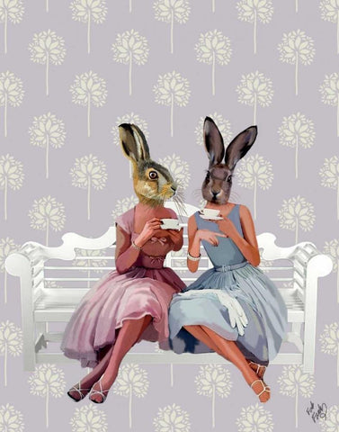 Rabbit Chat White Modern Wood Framed Art Print with Double Matting by Fab Funky