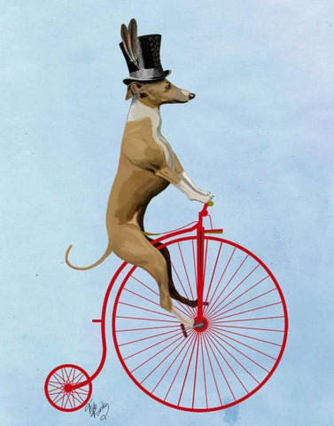 Greyhound on Red Penny Farthing White Modern Wood Framed Art Print with Double Matting by Fab Funky