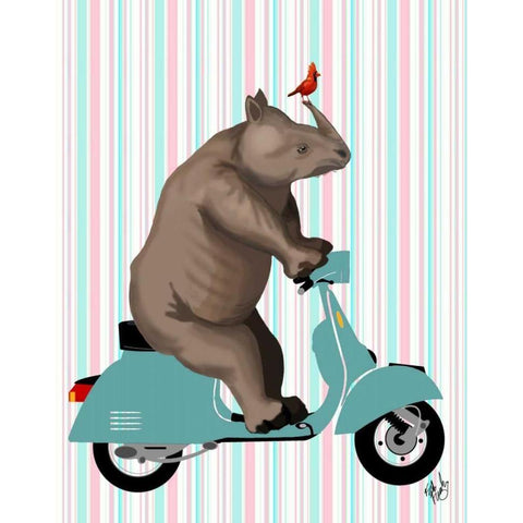 Rhino on Moped White Modern Wood Framed Art Print by Fab Funky