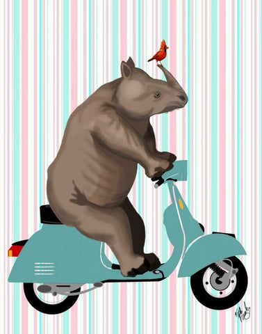 Rhino on Moped Black Ornate Wood Framed Art Print with Double Matting by Fab Funky