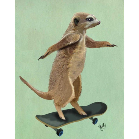 Meerkat On Skateboard Black Modern Wood Framed Art Print with Double Matting by Fab Funky