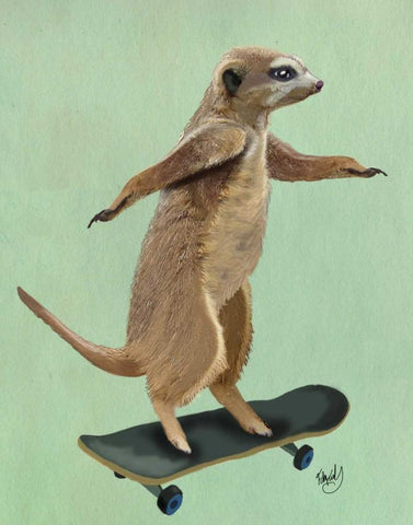 Meerkat On Skateboard White Modern Wood Framed Art Print with Double Matting by Fab Funky