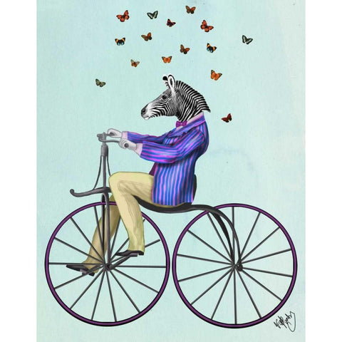 Zebra On Bicycle White Modern Wood Framed Art Print by Fab Funky