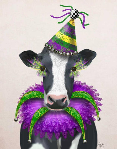 Mardi Gras Cow White Modern Wood Framed Art Print with Double Matting by Fab Funky