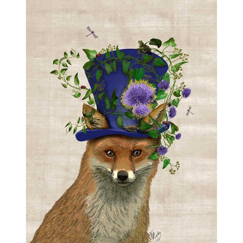 Fox Mad Hatter White Modern Wood Framed Art Print by Fab Funky