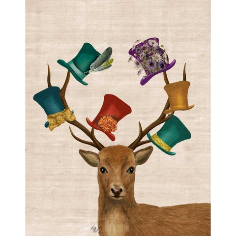 Hat Collector Deer White Modern Wood Framed Art Print by Fab Funky