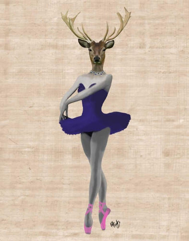 Ballet Deer in Blue Black Ornate Wood Framed Art Print with Double Matting by Fab Funky