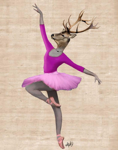 Ballet Deer in Pink Black Ornate Wood Framed Art Print with Double Matting by Fab Funky