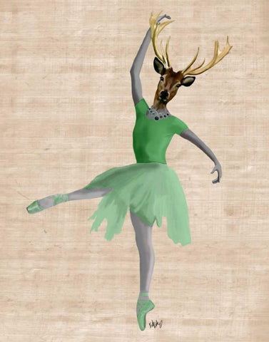 Ballet Deer in Green White Modern Wood Framed Art Print with Double Matting by Fab Funky