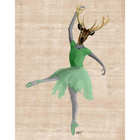 Ballet Deer in Green Black Modern Wood Framed Art Print with Double Matting by Fab Funky