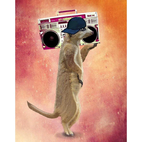 Meerkat and Boom Box White Modern Wood Framed Art Print by Fab Funky