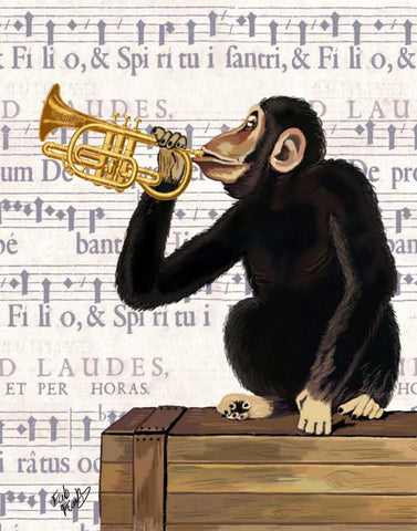 Monkey Playing Trumpet White Modern Wood Framed Art Print with Double Matting by Fab Funky