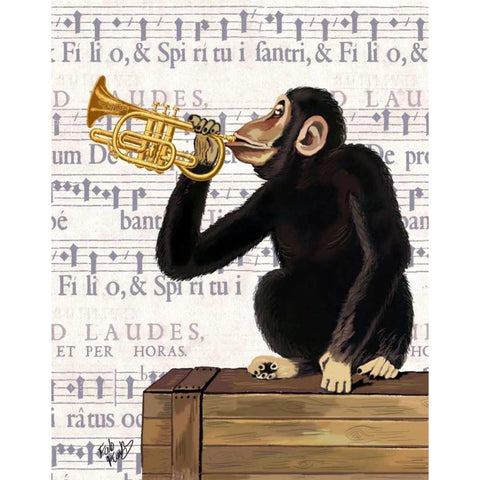 Monkey Playing Trumpet Gold Ornate Wood Framed Art Print with Double Matting by Fab Funky