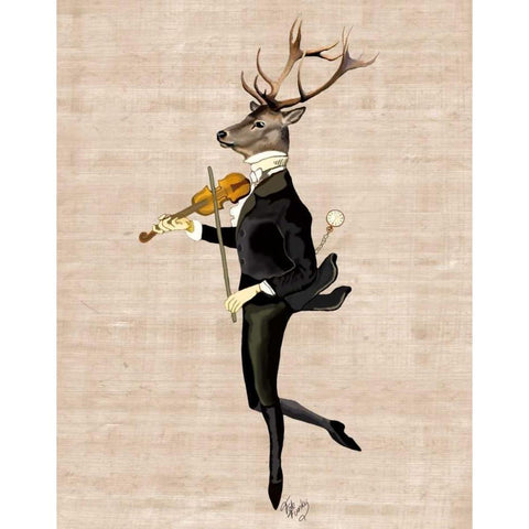 Dancing Deer with Violin White Modern Wood Framed Art Print by Fab Funky