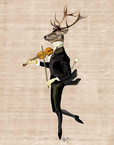 Dancing Deer with Violin Black Ornate Wood Framed Art Print with Double Matting by Fab Funky