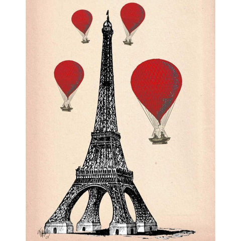 Eiffel Tower and Red Hot Air Balloons Black Modern Wood Framed Art Print with Double Matting by Fab Funky