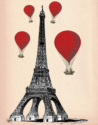 Eiffel Tower and Red Hot Air Balloons White Modern Wood Framed Art Print with Double Matting by Fab Funky