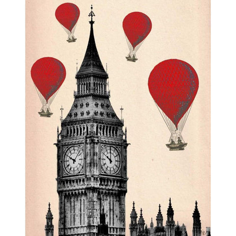 Big Ben and Red Hot Air Balloons White Modern Wood Framed Art Print by Fab Funky