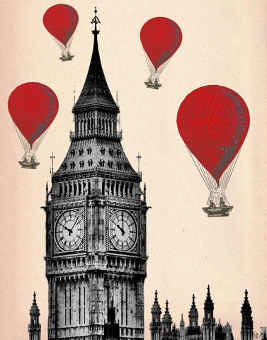 Big Ben and Red Hot Air Balloons White Modern Wood Framed Art Print with Double Matting by Fab Funky