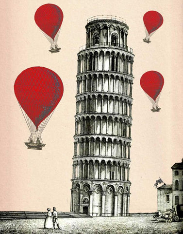 Tower of Pisa and Red Hot Air Balloons White Modern Wood Framed Art Print with Double Matting by Fab Funky