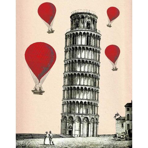 Tower of Pisa and Red Hot Air Balloons Black Modern Wood Framed Art Print with Double Matting by Fab Funky