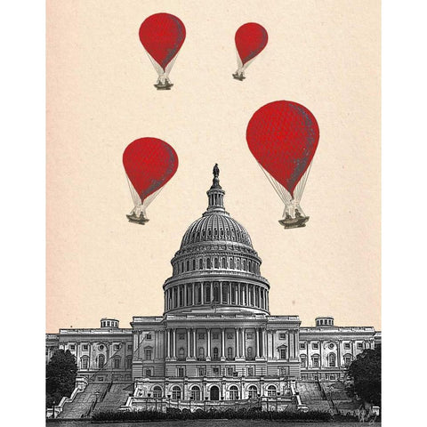 US Capitol Building and Red Hot Air Balloons Black Modern Wood Framed Art Print with Double Matting by Fab Funky