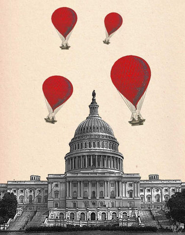 US Capitol Building and Red Hot Air Balloons Black Ornate Wood Framed Art Print with Double Matting by Fab Funky