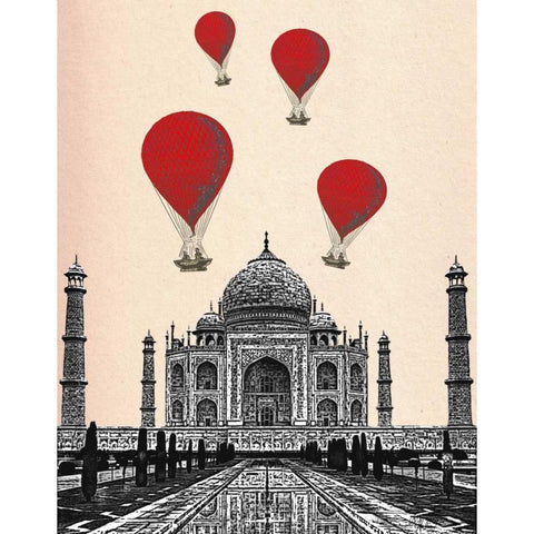 Taj Mahal and Red Hot Air Balloons Black Modern Wood Framed Art Print with Double Matting by Fab Funky