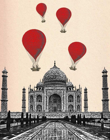 Taj Mahal and Red Hot Air Balloons White Modern Wood Framed Art Print with Double Matting by Fab Funky