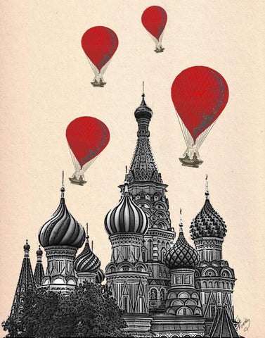 St Basils Cathedral and Red Hot Air Balloons Black Ornate Wood Framed Art Print with Double Matting by Fab Funky