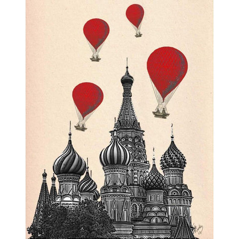 St Basils Cathedral and Red Hot Air Balloons Black Modern Wood Framed Art Print with Double Matting by Fab Funky