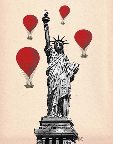 Statue Of Liberty and Red Hot Air Balloons White Modern Wood Framed Art Print with Double Matting by Fab Funky