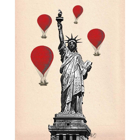 Statue Of Liberty and Red Hot Air Balloons Black Modern Wood Framed Art Print with Double Matting by Fab Funky